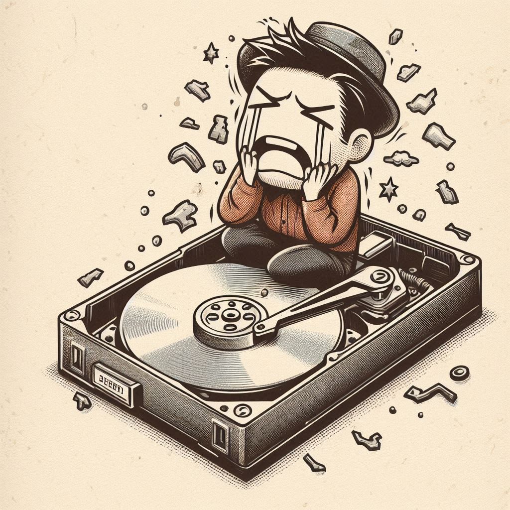 AI generated image of a hard drive failing with a person crying because of losing data.