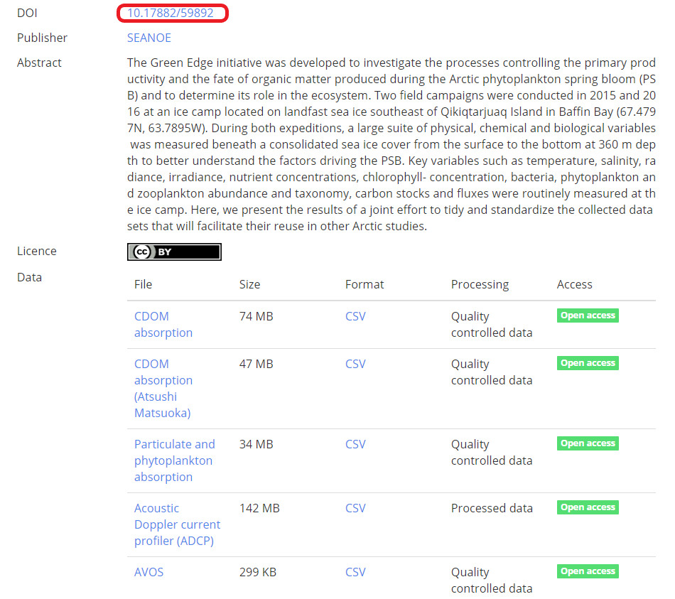Screenshot of the Seanoe website showing a dataset with a DOI.