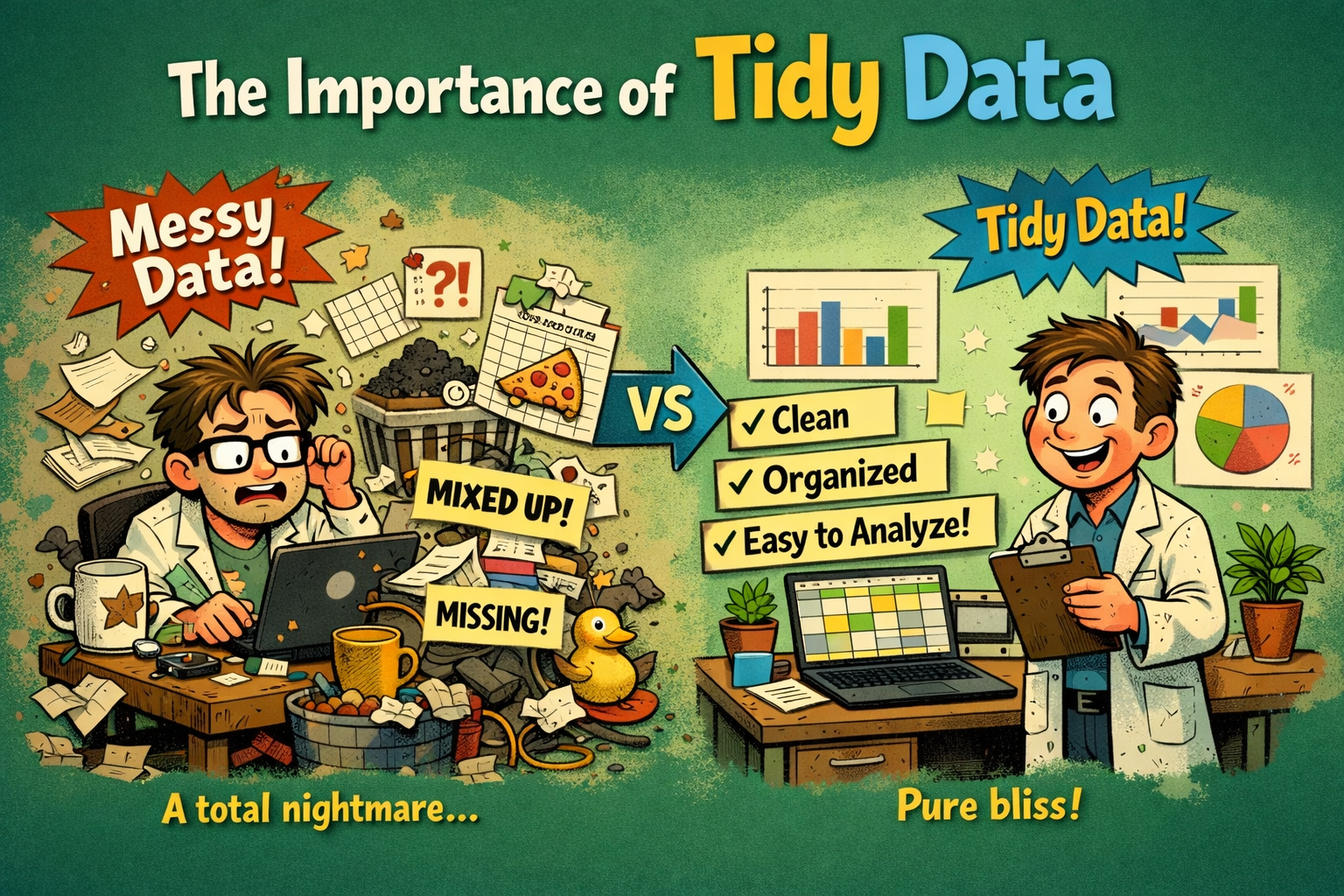 AI generated cartoon comparing messy data versus tidy data. On the left, a frustrated scientist surrounded by chaotic papers labeled 'A total nightmare'. On the right, a happy scientist with an organized spreadsheet labeled 'Pure bliss' with checkmarks for clean, organized, and easy to analyze.