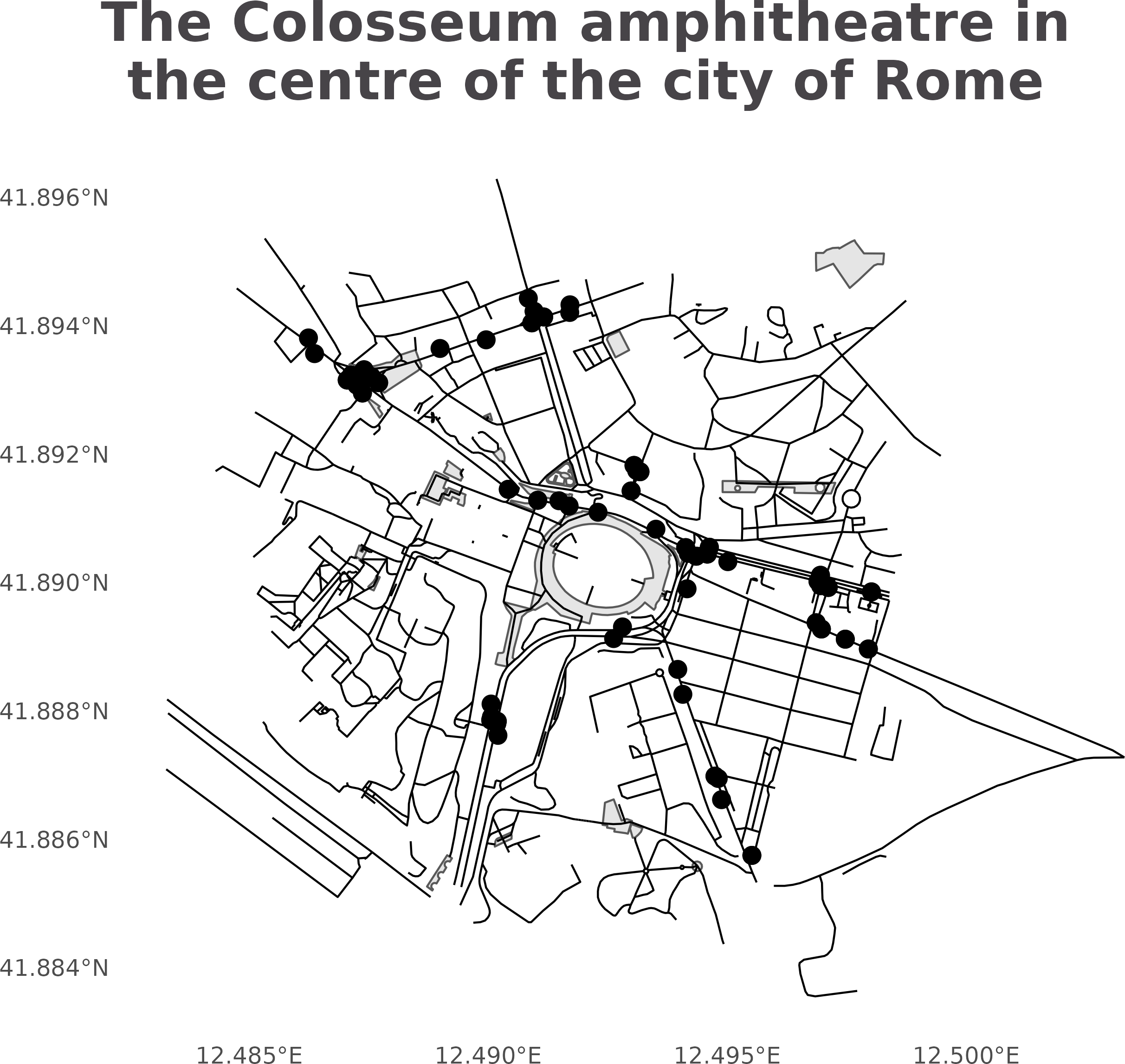 The outline of the Colosseum amphitheatre in Rome created using a geojson file.