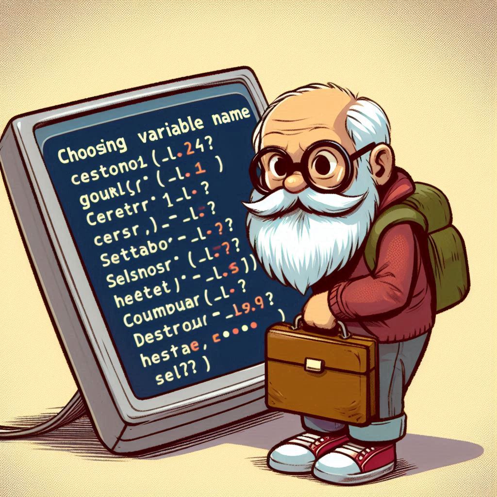 AI generated image of a cartoonish man in front of what looks like a computer with variable names on the screen.
