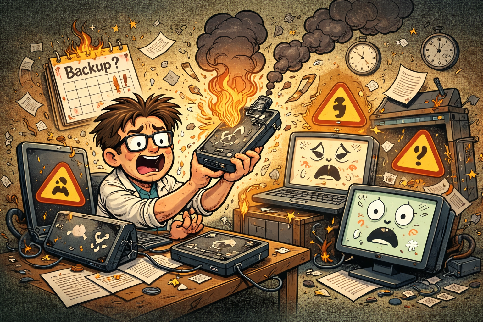 AI generated image of a hard drive failing with a person crying because of losing data.